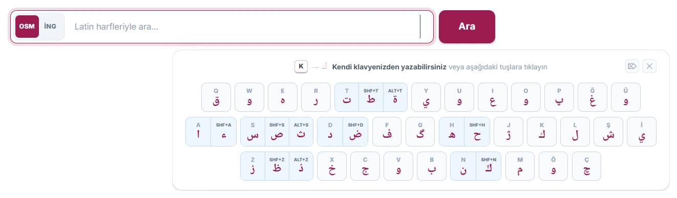 Osmanlıca tarafı seçili arama çubuğu ve altında açılan ekran klavyesi