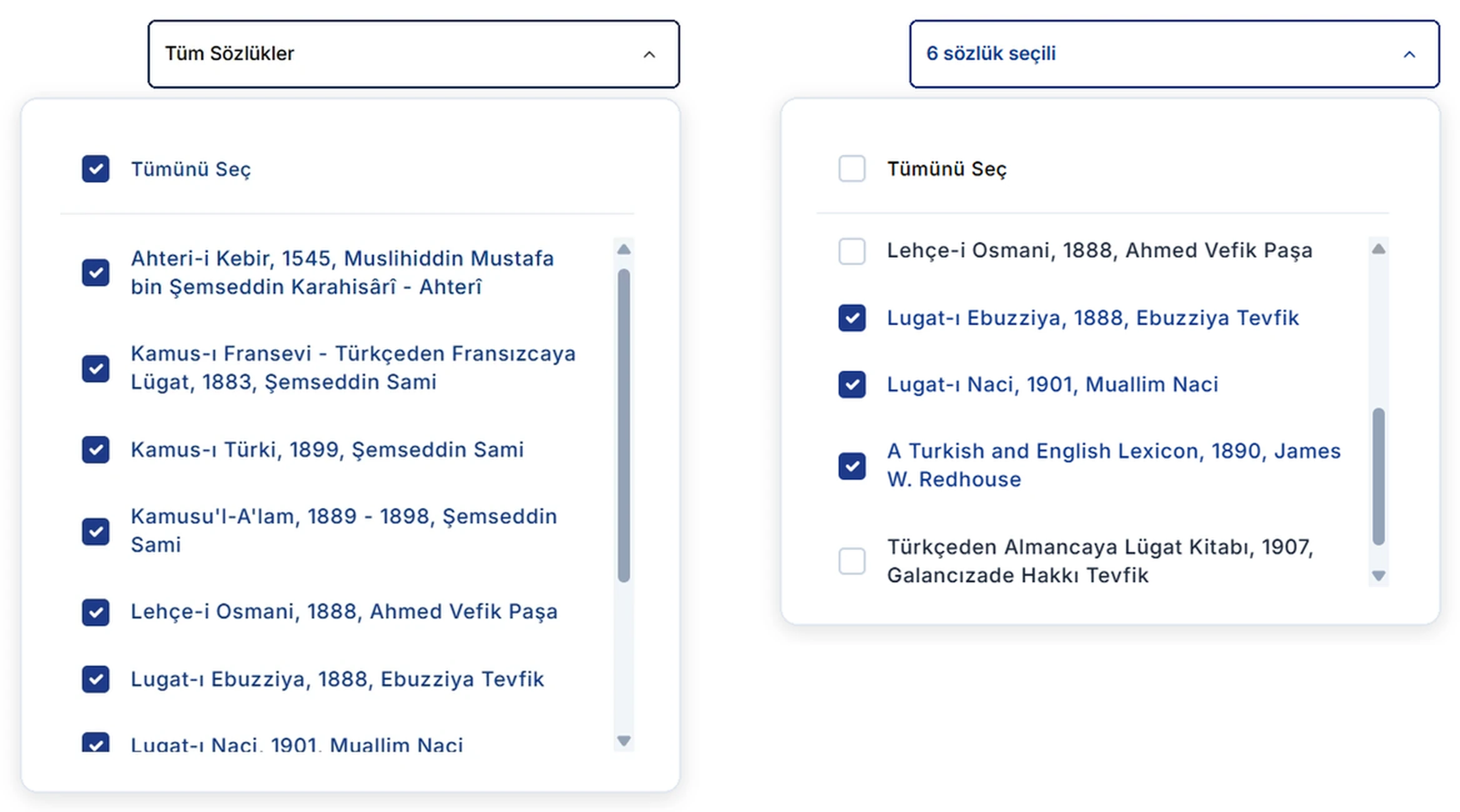 Solda bütün sözlükler seçili liste, sağda yalnızca altı sözlüğün seçili olduğu liste