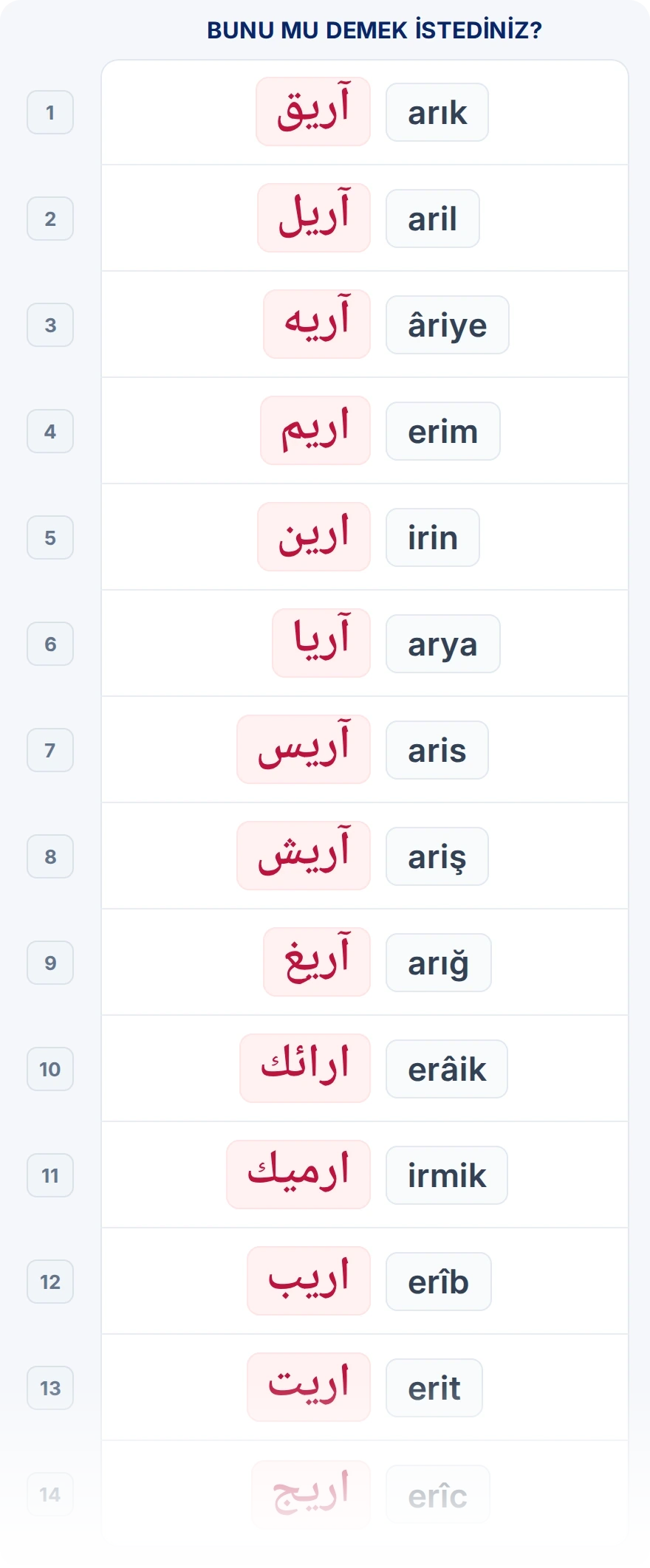 Bunu mu demek istediniz? listesi: arı aramasına yakın 14 yazılış ve okunuşları