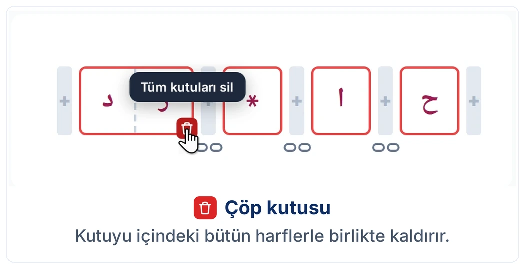 Çöp kutusu: kutuyu içindeki bütün harflerle birlikte kaldırır