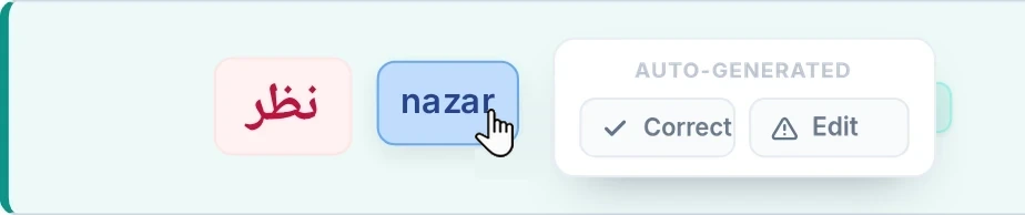 The box that opens over an automatically generated reading: the Auto-generated label with the Correct and Edit buttons