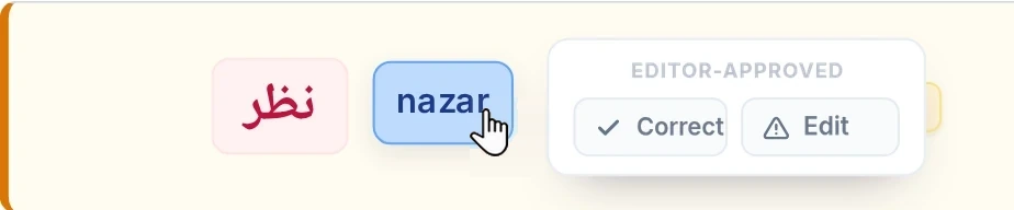 The box that opens over an editor-approved reading: the Editor-approved label with the Correct and Edit buttons