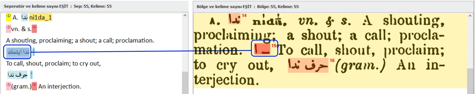 Kısaltılmış Osmanlıca karakterlerin tam kelimelerle değiştirildiğini gösteren LQ-Edit ekranı.
