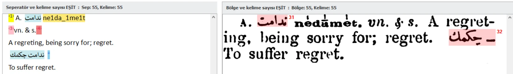 Maddeler, Osmanlıca kelimeler, okunuşlar, yabancı kelimeler, anlamlar ve alt maddeler için seperatörler eklenmiş metin.
