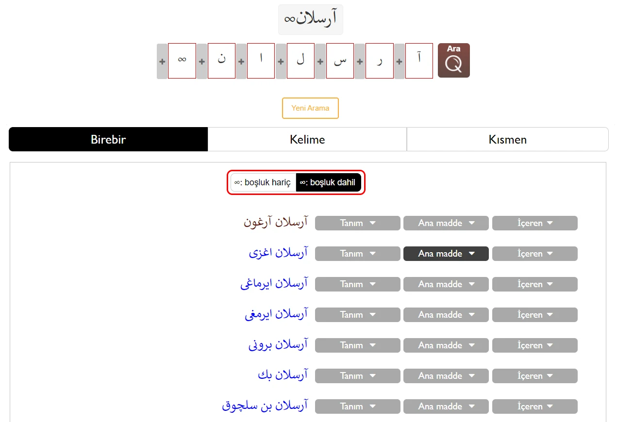 LexiQamus 2.0 Birebir sekmesinde boşluk içeren arama sonuçları.