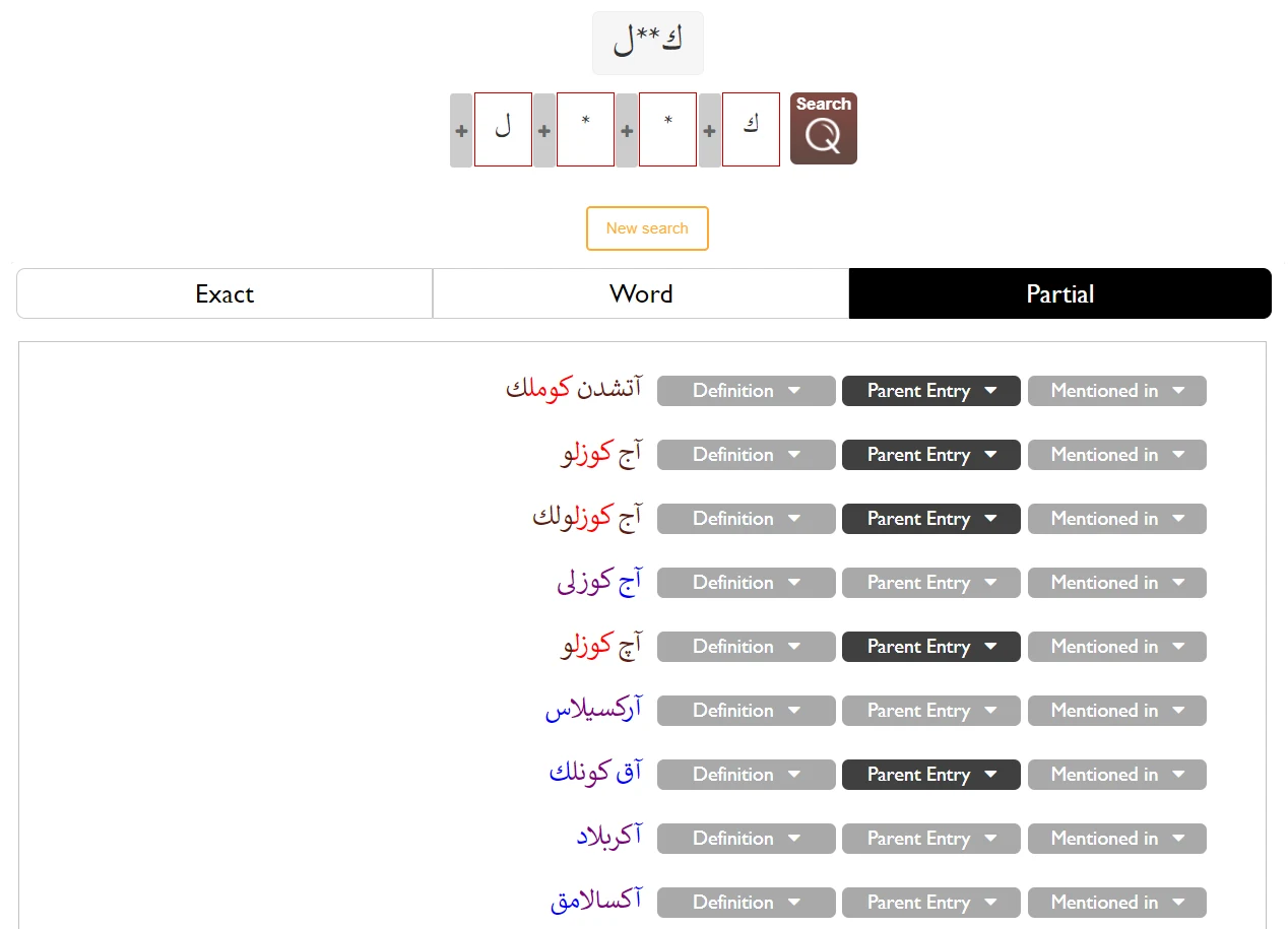 The Partial tab displaying entries partially matching the search criteria.